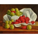 Anthony Barr "still life: gooseberries and tayberries", signed, oil on board, 17 cm x 22 cm.