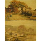 Two oil paintings on artist board, one depicting a small village scene with cattle,