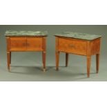 A pair of Continental bedside cabinets, with marble tops,