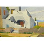 Greek school, 20th century, Aegean Villa, indistinctly signed, oil on board, 34 cm x 48.5 cm.