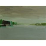 Tom Robb modernist riverscape, signed and dated 1967, oil on board, 44.5 cm x 60 cm.