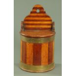 A Scottish attributed bowfront salt box, 19th century, with two tone banded wood and brass mounts.