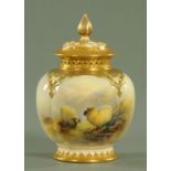 A Royal Worcester porcelain pot pourri, handpainted with sheep in landscape,