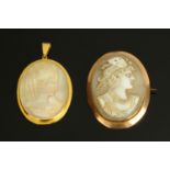 A 9 ct gold cameo brooch, and another similar in gold coloured mount (not hallmarked).