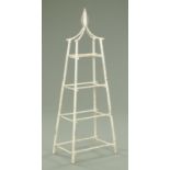 A white painted metal simulated bamboo tapering plant stand, four tier, maximum width 55 cm.