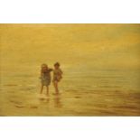 Continental School, early 20th century, two young girls on a beach, unsigned, oil on artist board,