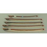 Five assorted student violin bows, unmarked, 50 cm - 68 cm.