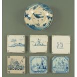 Six 18th century English delft ware tiles, and a tin glazed dish decorated with a bird,
