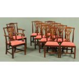 A set of two carver arm and eight single 19th century mahogany Chippendale style dining chairs,