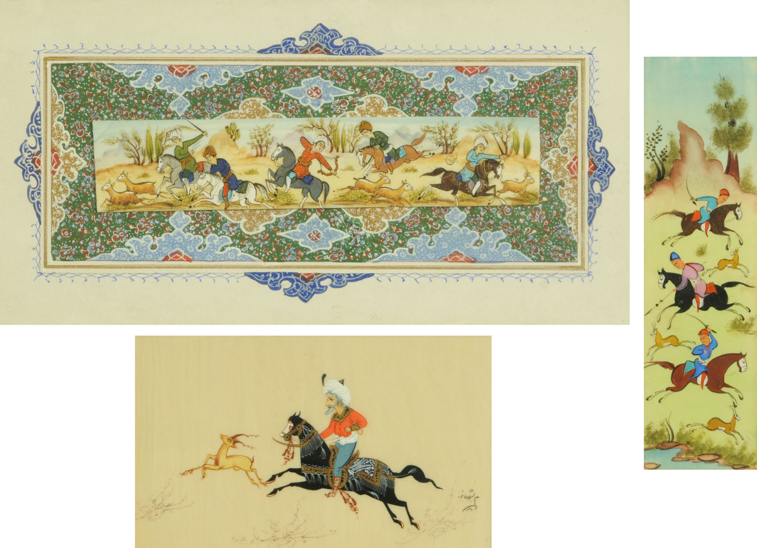 Three Indian hand painted panels, 20th century, each depicting figures on horseback hunting deer,