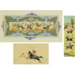 Three Indian hand painted panels, 20th century, each depicting figures on horseback hunting deer,