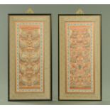 A pair of embroidered silk panels, depicting a Chinese boat race,