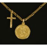 A 9 ct gold flat link chain, with 9 ct gold crucifix and gold metal St. Christopher, 9.