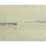 Tom Robb, coastal scene with pier, signed, oil on artist board, 39 cm x 49 cm.