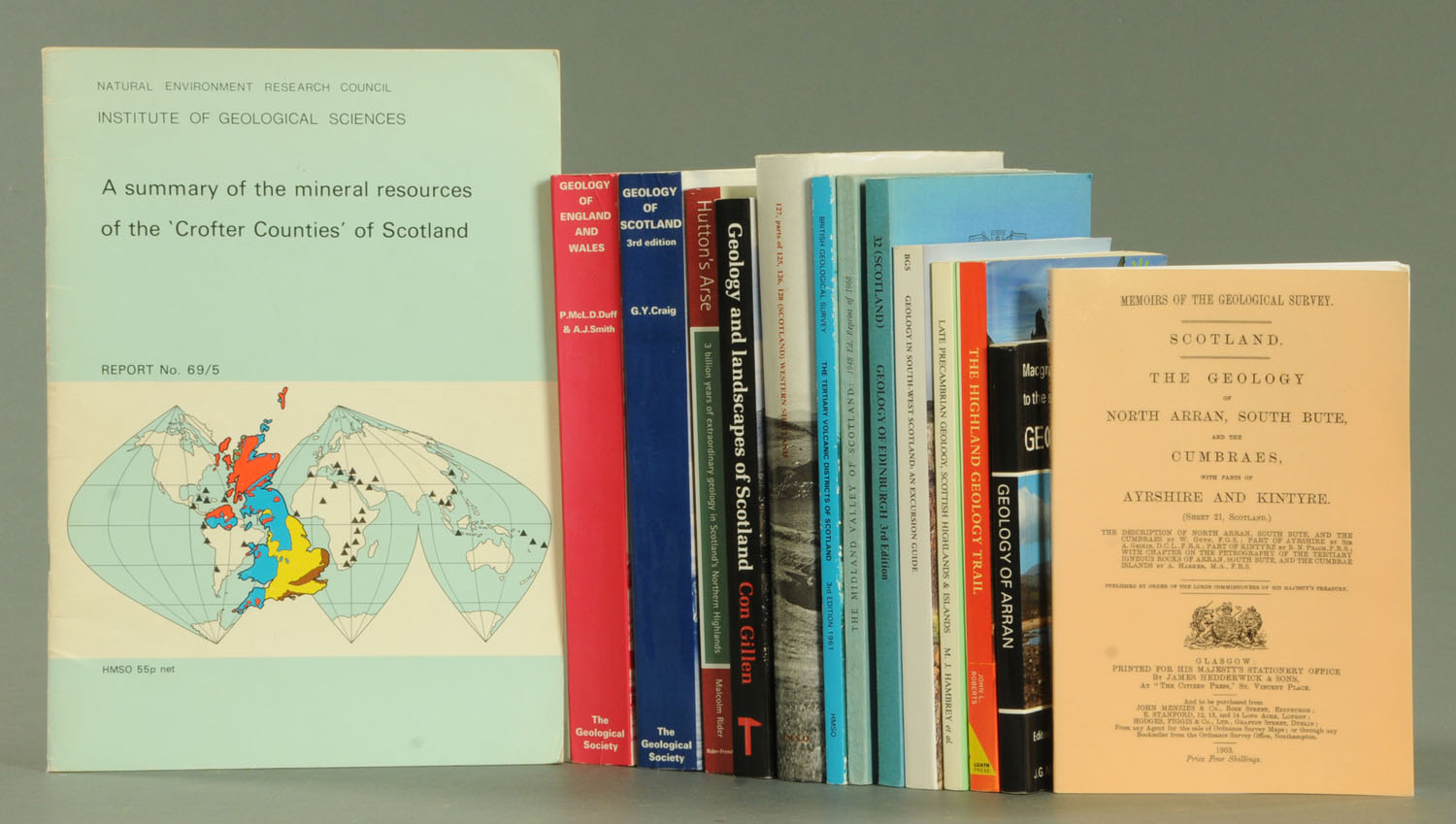A collection of geology books, "Geology of England & Wales" by Duff & Smith (1992),
