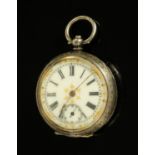 A late 19th century silver continental foliate engraved ladies fob watch, with porcelain dial.