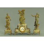 An Art Nouveau patinated spelter clock garniture, after Francois Moreau,