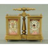 A miniature brass carriage clock and barometer desk set, late 19th century,