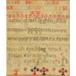 A Victorian alphabet sampler, Hannah Spedding, Scales Farm, Brigham, April 8th 1867. 30.5 cm x 25.