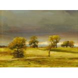 Alan Thompson "Hayfield", oil on board, artist label verso, 16.5 cm x 23.5 cm.