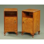 A pair of Queen Anne style walnut veneered bedside cabinets, with rounded corners, open aperture,