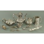 A collection of Victorian silver plate, comprising coffee pot, teapot, hot water jug, tyg,