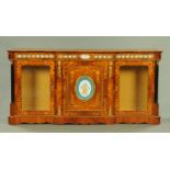 A good Victorian style walnut floral marquetry breakfront bookcase,