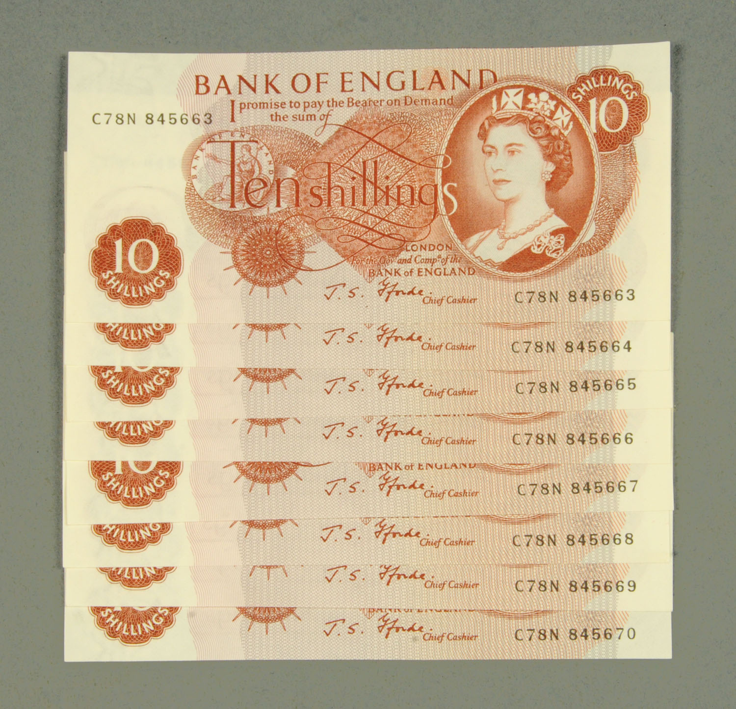 Eight Bank of England ten shilling notes, prefix C78N consecutive numbers 845663-845670,