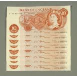 Eight Bank of England ten shilling notes, prefix C78N consecutive numbers 845663-845670,