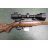 CZ550 Cal 243 Winchester bolt action rifle, with screw cut barrel fitted with a T8 sound moderator,