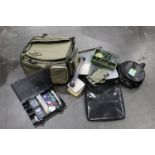 A Korum Itm XL ruck bag, together with Preston Innovation attachments, tackle boxes, gloves etc.