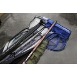 A Maver Storng Arm 1100 pole, together with a Shakespeare fishing bag containing rod rests umbrella,