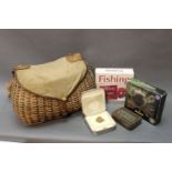 A fishing creel, together with fishing DVD, Glenfiddich hip flask, fly box, cast box etc.