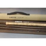 A Greys Greyflex M2 salmon fly rod in four sections, 15' line 10 with hard rod tube.