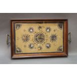 A late Victorian early Edwardian mahogany tray with fishing fly diorama beneath glass.