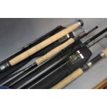 Three Daiwa fishing rods, a Graphite salmon fly rod in three sections 16', line 10-12,