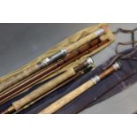 Three rods, a Hardy Richard Walker Superlite trout fly rod in two sections 9' 3", line 7-8,