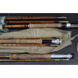 Three split cane rods, a Bagnall and Kirkwood of Newcastle Journey trout fly rod in two sections,