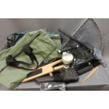 A pair of Vac-Rac fishing rod holders, landing net, drogue, wading pole, fishing bags etc.