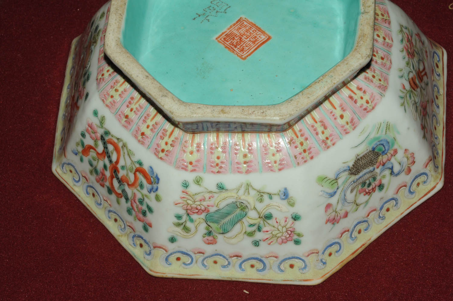 A Chinese famille rose octagonal bowl, 19th century, the interior with blue ground glaze, - Image 6 of 8