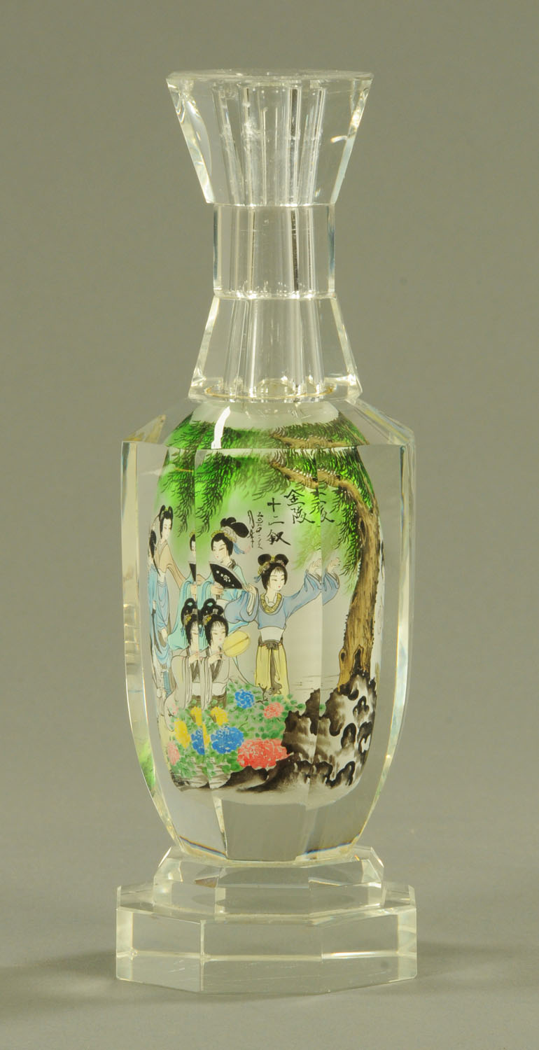 A Chinese interior painted glass bottle, 20th century, of hexagonal form, with waisted neck,