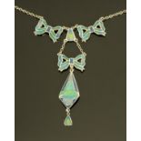 An Art Nouveau silver and enamel pendant drop necklace,