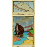 Two Art Deco period stained glass windows, one depicting a yacht the other clouds,