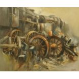 David Weston (1935-2011), steam engines and wheels and axles, signed and dated, oil on canvas. 49.