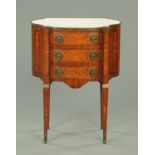 A 19th century French parquetry marble topped side cabinet, with moulded brass edge,