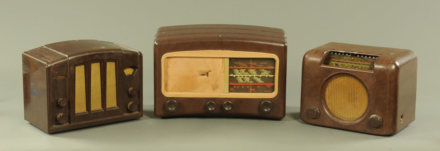 Three 1950's Bakelite radios, Cossor Melody Maker valve, Bush DAC 90A and another.