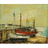 Julian Porisse, boats in harbour, signed, oil on canvas. 20.5 cm x 26 cm.