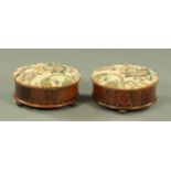 A pair of Victorian walnut veneered footstools, with upholstered hinged tops,