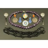 A collection of jewellery, to include a string of jet beads, pair of Turkish earrings,