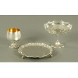 A small silver card tray, a silver bonbon dish and a modern silver goblet. 414.2 grams.